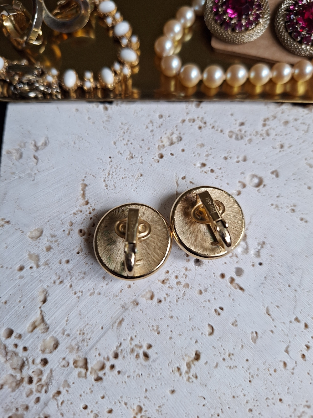 Trifari Vintage Classic Gold-Trim White Dome Stud Earrings - Picture 3 of 6